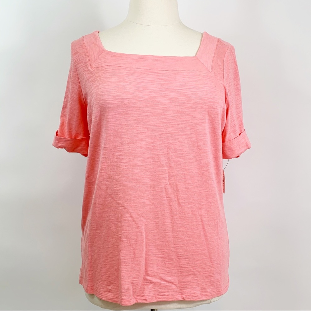 NWT Peach Talbots Roll-Cuff Square Neck Tee Size X